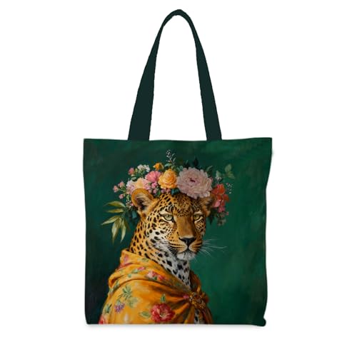 Preppy Animal Tote Bag, Pet Canvas Tote Bag, Reusable Grocery Shopping Shoulder Bags - color: Floral Tiger