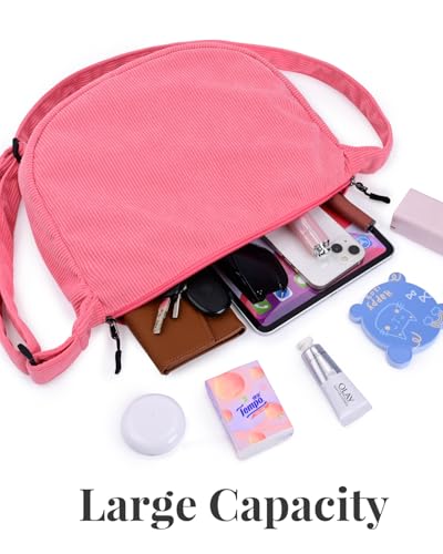 Crossbody Crescent Bag for Women Men Trendy, Crescent Sling Bag with Adjustable Strap, 2 Zippers Lightweight - color: Corduroy-pink