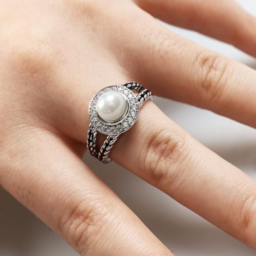 Designer Inspired Twisted Cable Statement Rings for Women Fashion Jewelry 8 MM CZ Split Shank Cable Ring Gift - color: White Pearl