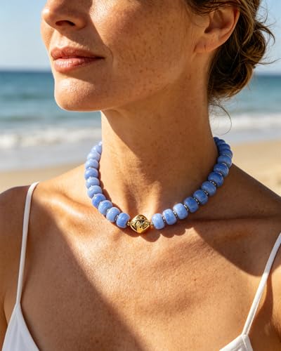 Chunky Beaded Statement Necklace for Women Trendy Colorful Boho Resin Bead Choker Necklaces Summer Handmade Jewelry Gifts Accessories - color: Gold-blue 2