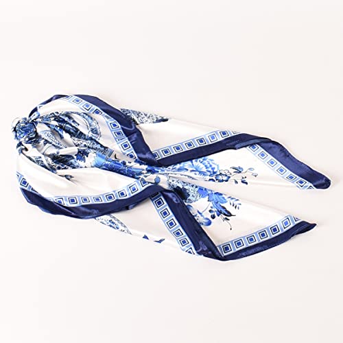 35 x 35 Women's Fashion Pattern Large Square Silk Like Hair Scarf Head Sleeping Wrap Satin Neck Bandana for Gift… - color: Blue and White Porcelain-navy Blue