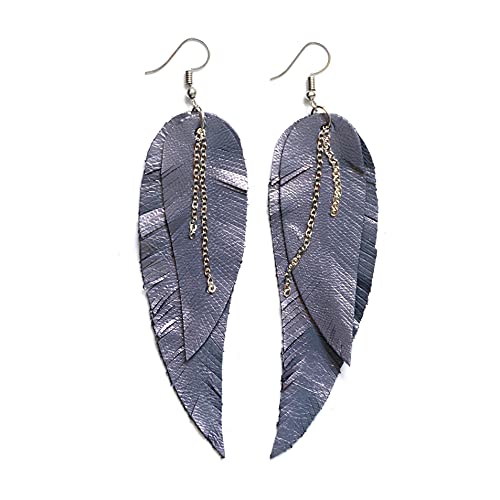 Black shiny Leather Feather Earrings for Women, Lightweight Minimal Boho Dangle Earrings, Small Simple Everyday Jewelry - color: dark grey metallic