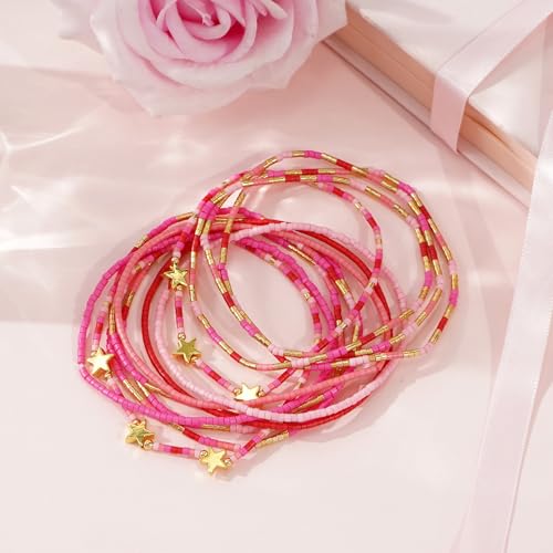 Dainty Gold Beaded Star Bracelets Stack for Women,Handmade Boho Colorful Beads Bracelet Fashion Prom Holiday Jewelry Gift Friendship Family - color: Pink