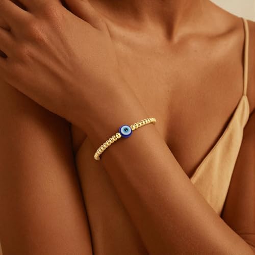 Elastic Beaded Charm Bracelets for Women - Adjustable Stackable Dainty Bracelet with Gold or Silver Charms, Jewelry Gift for Her - style: Gold-Evil Eye