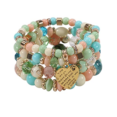 Women Beaded Bracelet Set | Colorful Boho Stackable Trendy Design with Crystal Accents Multilayer Bangle Bracelet | Fashion Stretch Braclets Jewelry for Women - color: Light Green