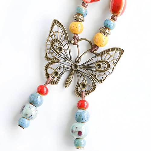 Boho Necklace for Women,Vintage Butterfly Pendant Necklaces,Adjustable Wooden Beads Layered Braided Choker,Fashion Tribal Style Leather Rope Necklace Jewelry,Chunky Statement Gift for Women - color: Colorful5