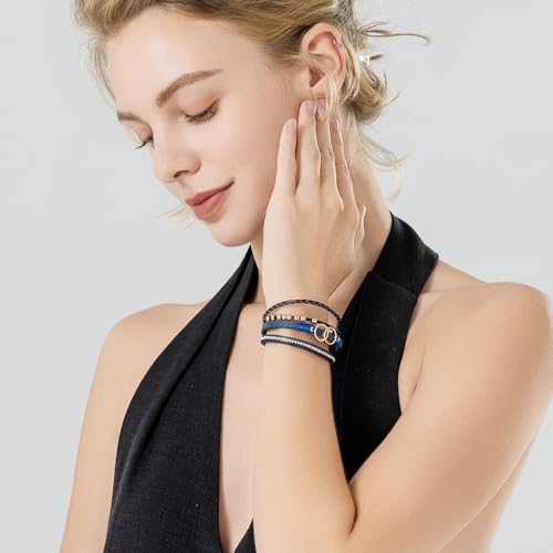 FANCY SHINY Boho Leather Wrap Bracelet Stackable Infinity Chunky Cuff Bracelets Western Hippie Outfits Jewelry Valentine Gifts for Women - color: Navy Blue