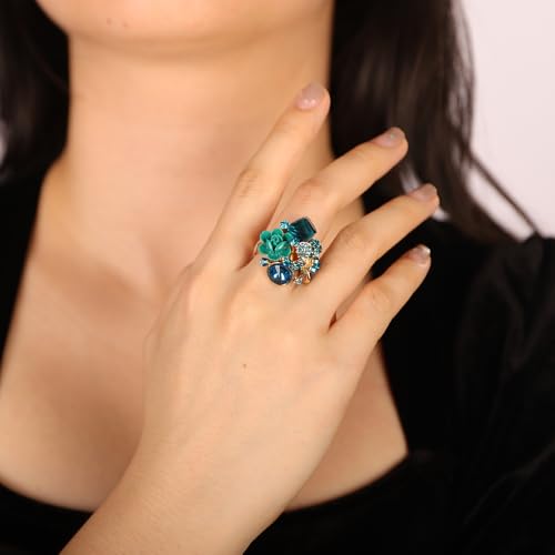 Jumwrit Shiny Crystal Flower Ring Statement Adjustable Open Band Wrap Finger Ring Square Rhinestone Floral Cocktail Ring Party Bridal Wedding Jewelry Vintage Boho Knuckle Ring for Women - color: Light Blue