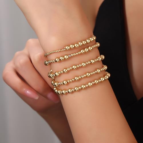 Gold Bracelets for Women 14K Gold Plated Beaded Non Tarnish Bracelets Stretch Bead Ball Bracelet Stack Set Jewelry for Gifts - color: B SET 5PC