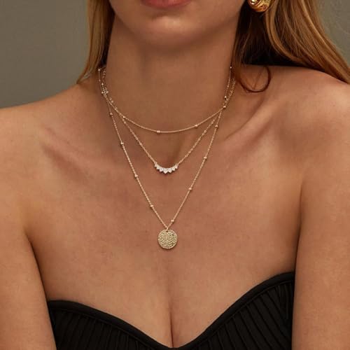 BBV Layered Gold Necklaces for Women Stackable Dainty 14K Gold Plated Silver Chain Necklace Layering Cute Fashion Pendant Choker Necklaces Trendy Jewelry Set Gifts for Women - color: golden, style: hammered texture round