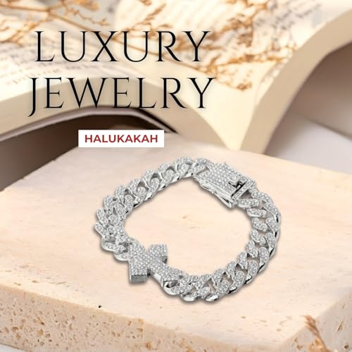 Halukakah Diamond Gold Chain for Men with Cross,18k Real Gold/Platinum Plated Fully Iced Out 12MM Miami Cuban Link Chain Necklace Bracelet,Lab Diamond Prong Set,Present for Husband,Boyfriend,Friend - color: Platinum Plated Bracelet