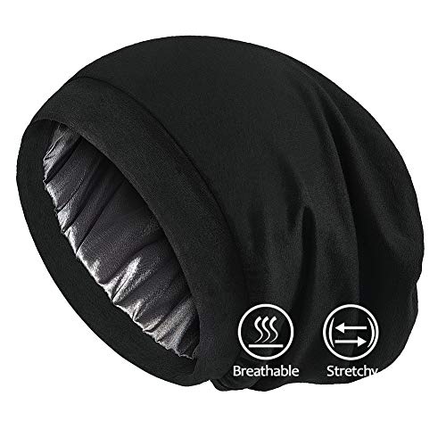 Alnorm Cozy Satin Lined Slouchy Beanie Cap with Soft Elastic Band for Women Black - color: Black