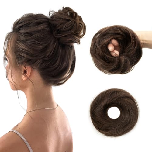 Human Hair Messy Bun Hair Piece, Dark Brown Scrunchie with Elastic Band, Quick Easy 30s Updo, Volume Booster Hair Bun Extension for Women Daily Work Kids Party, Natural Realistic Look - color: Dark Brown, size: 4 Inch
