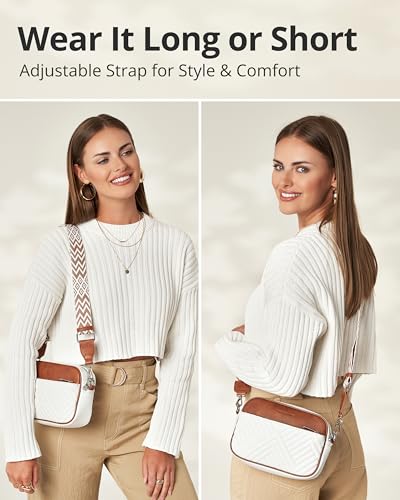 Vantamo Premium Quilted Crossbody Bags for Women with Anti-Pickpocket Clip, Vegan Leather Handbags, Travel Purses for Women - color: Shoulder Bag Snow & Brown Jacquard Strap