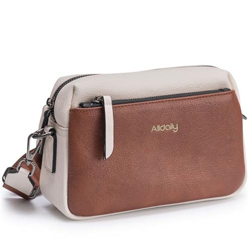Alldaily Small Triple Zip Crossbody Purse for Women, Vegan Leather Phone Bag with Wide Shoulder Strap - color: Brown & White & White