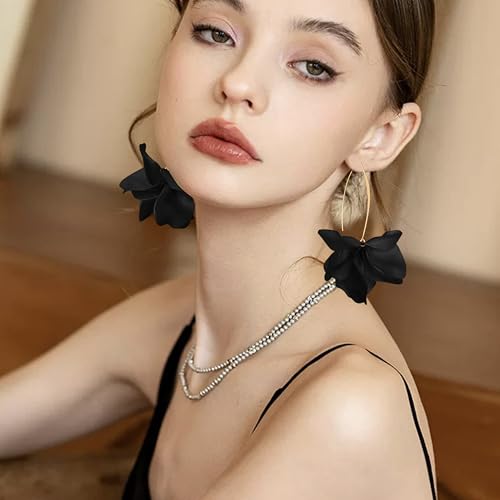 Exaggerated Bohemian Resin Rose Flower Petal Dangle Drop Earrings Long Acrylic Tiered Floral Tassel Earring for Women - color: Black
