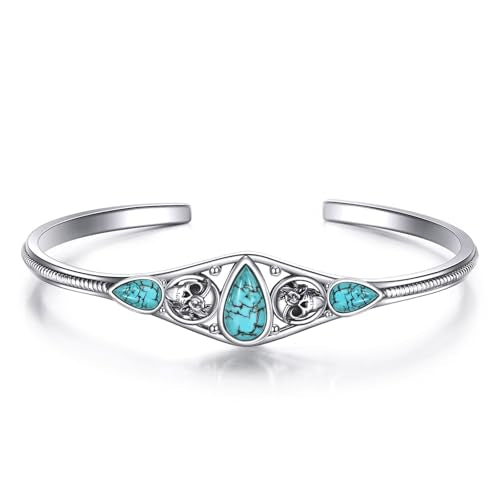 Genuine Turquoise Bracelet Cuff Bracelet for Women Mom 925 Sterling Silver Natural Turquoise Bangles Vintage Bracelet Boho Jewelry for Birthday Christmas Mother's Day Valentine's Day - style: Skull