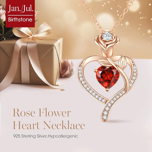 LOUISA SECRET Rose Flower Heart Birthstone Necklaces for Women, 925 Sterling Silver Jewelry, Pendant Heart Necklaces Birthday Anniversary Christmas Gift for Women Wife Mom Girlfriend Lady - color: Rose Gold-01/07-Jan/Jul