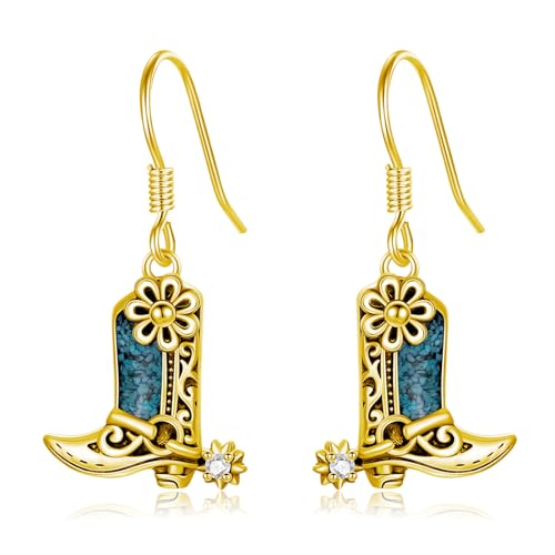 Western Earrings for Women 925 Sterling Silver Turquoise Western Country Dangle Drop Earrings Country Jewelry Gifts for Cowgirl Cowboy - style: Cowboy Boot-A Gold