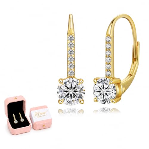 KRKC Moissanite Earrings, 1.0ct-2.0ct D Color Lab Created Diamond Earring, 14k White Gold Plated Sterling Silver Dangle Earrings S925 Leverback Drop Earring for Women Hypoallergenic Jewelry for Gifts - color: Round-Gold-5mm-Gift for Mom