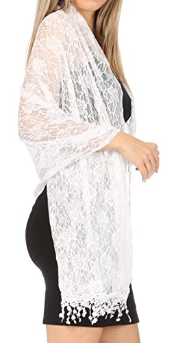 Sakkas Mari Women's Large Lightweight Soft Lace Scarf Wrap Shawl Floral and Fringe - color: Style2-white