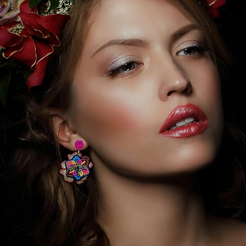 Boho Floral Embroidered Earrings with Colorful Bead Accents and Crystal Center for Women - color: Colour