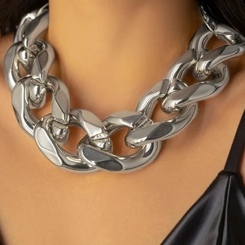 Long tiantian Chunky Gold Necklace Stack Chain Necklaces for Women Statement Layered Paperclip Choker Necklaces Statement Necklace for 80s 90s & Night Out Outfits Paperclip Style Fashion Jewelry - color: B1：Silver-Chain