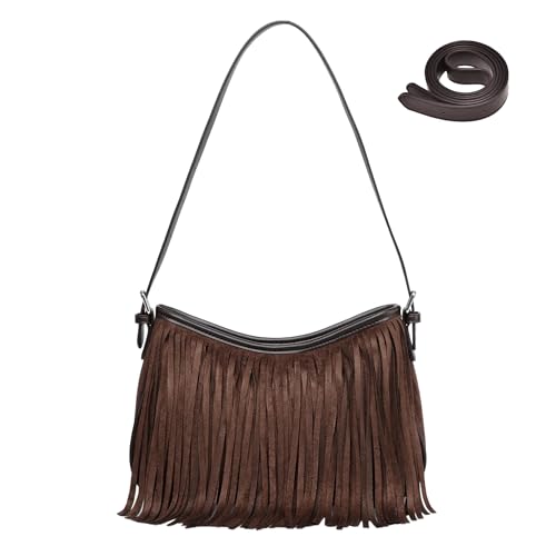 Fringe Shoulder Bag for Women Underarm Suede Western Hobo Purses and Handbags Trendy Crossbody Purse with Tassel - color: Coffee
