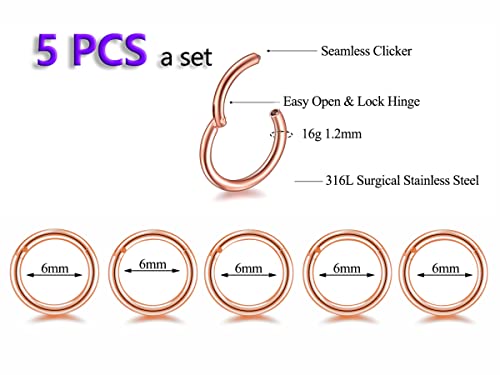 5Pcs 16G 18G Surgical Steel Nose Rings Hoop Tragus Septum Cartilage Hoop Earrings For Women Men Body Piercing Jewelry Kit Bar Length 6mm/8mm/10mm/12mm/14mm - style: 5Pcs -16G - Rose Gold - 6mm