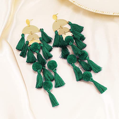 Long Tassel Earrings for Women Colorful Fringe Drop Dangle Earrings Bohemian Hawaiian Summer Beach Jewelry for Womens Vacation Outfits - color: Green
