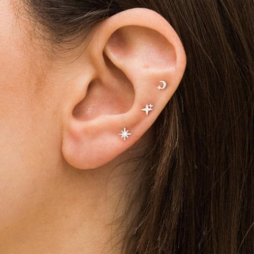 VRIUA 20G Tiny Flat Back Earrings for Women - 14K Gold/Silver Plated Small Flat Back Stud Earrings Hypoallergenic Cartilage Helix Piercing Jewelry - color: 4/5/6mm-Star Moon Flat Silver