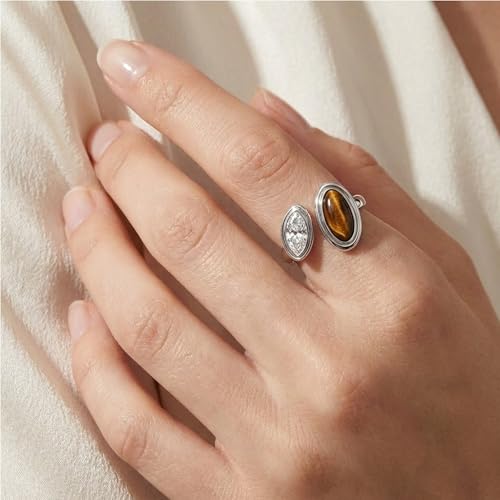 Mchic Adjustable Chunky Rings for Women: Dainty Natural Gemstone Ring Stainless Steel 18K Gold/Silver Plated Band Rings Non Tarnish Waterproof Statement Fashion Jewelry Gift for Women - color: Silver+Tiger Eye Stone+Cubic Zirconia