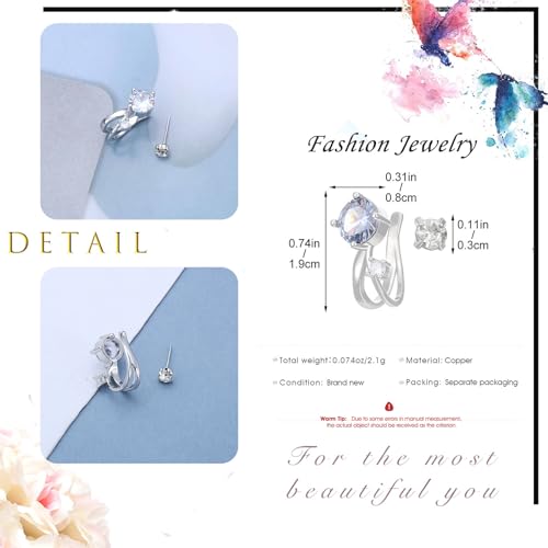 Cubic Zirconia Ear Cuff Non-Piercing CZ Clip on Earrings Round Crystal Stud Earrings Silver Cartilage Hypoallergenic Earrings Set Party Prom Jewelry for Women - color: White