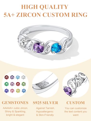Custom4U Personalized Mothers Ring with 1-5 Birthstones Names Engraved 925 Sterling Silver/14K White Gold Plated Birthstone Rings for Women Promise Ring Birthday Jewelry Gifts for Mom Grandmother Wife - color: 3 Birthstones Ring (Engraved)