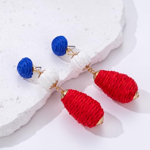 Boho Raffia Earrings Statement Dangle Earrings Cute Teardrop Ball Earrings Colorful Summer Jewelry Handmade Rattan Earrings for Women - color: Red/White/Blue