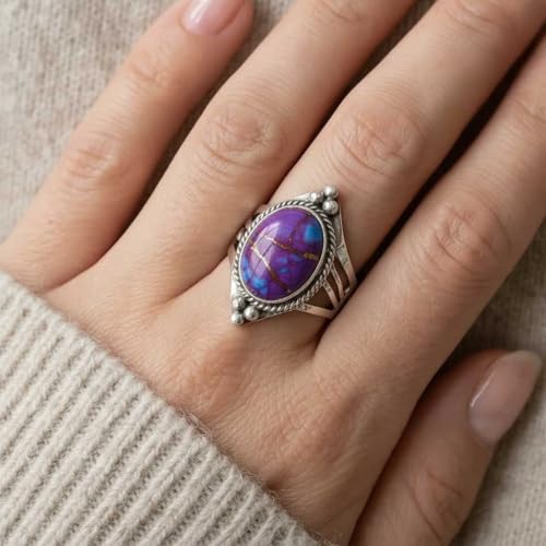 Handmade 925 Sterling Silver Plated Ring Natural Gemstone Carnelian, Rose Quartz, Tiger Eye, Crystal Oval Boho Jewelry For Women - color: Copper Purple Turquoise