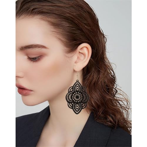 Bohemian Wood Earrings Natural Retro Lightweight Hollow Pattern Geometric Wooden Dangle Drop Earrings Statement Vintage Jewelry - color: Balck Earrings