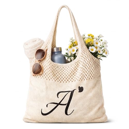 Shinylin Personalized Crochet Tote Bag for Beach Women Beige Mesh Knit Shoulder Bag Boho Aesthetic Tote for Women - style: Letter a