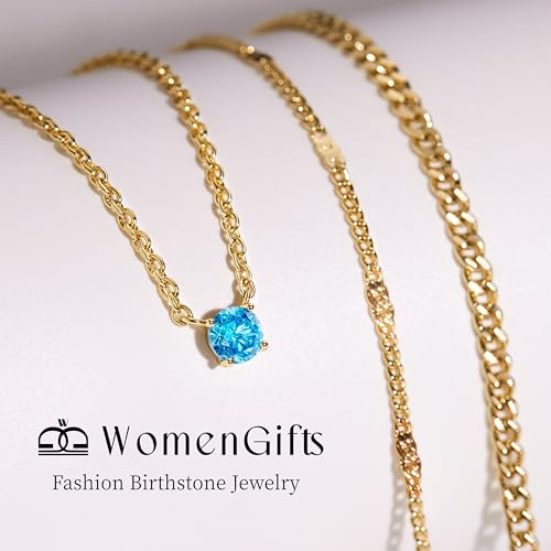 WomenGifts Layered Gold Necklaces for Women, 14K Gold Sterling Silver Plated Dainty Pendant Necklace Set Non Tarnish, Chunky Stackable Cuban Chain Choker, Trendy Birthstone Vacation Jewelry Gift - color: Gold, style: Cubic Zirconia-Created Aquamarine-Mar