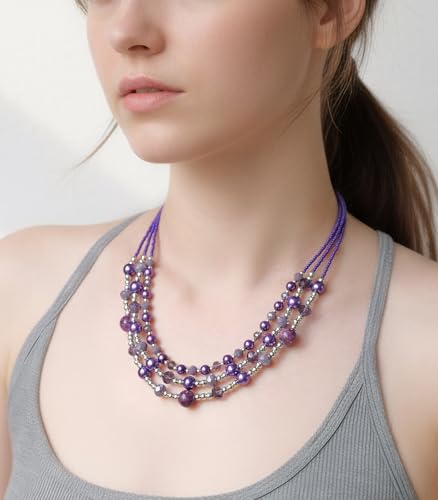 Noessla Beaded Statement Necklaces for Women Layered Chunky Bead Necklace Fashion Costume Jewelry Gifts for Mom - color: Purple