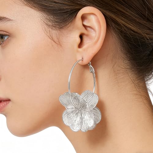 Gold Flower Earrings for Women Boho Orchid Earrings Floral Hoop Petal Earring Prom Wedding Jewelry - style: B:SILVER