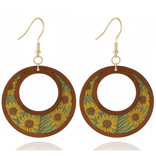 Boho Teardrop Earrings, Handmade Copper Bohemian Earrings, Dangle Antique Ethnic Jewelry for Women - color: Wood Sunflower