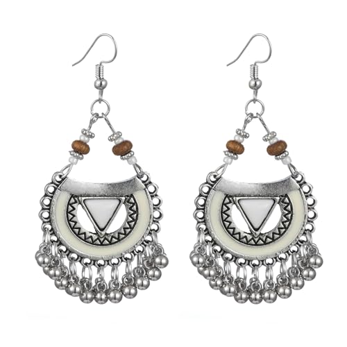 Vintage Boho Statement Drop Dangle Earrings for Women Bohemian Ethnic Handmade Beaded Charms Earring Bohemian Retro Chandelier Tassel Earrings Mexico Gypsy Jewelry Gift - color: Silver White Triangle