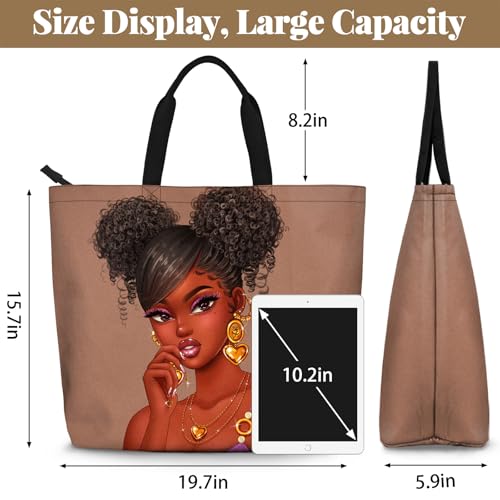 African American Women Tote Bag Black Shoulder Handbag For Women Fit Work Beach Labtops With Zip - color: Black Women 27