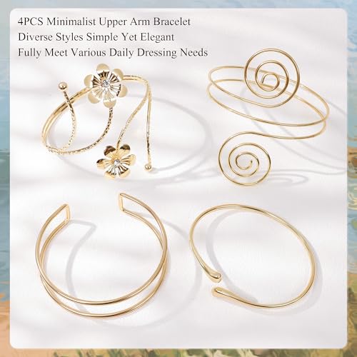 4Pcs Upper Arm Cuff for Women Open Adjustable Arm Bracelets Minimalist Coil Arm Armband Set - style: Gold-Style A