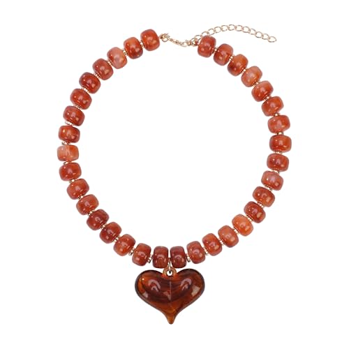 Chunky Colorful Beaded Statement Boho Summer Beach Chokers Necklace Heart Pendant Pink Green Yellow Brown Fashion Jewelry - color: Gold-brown2
