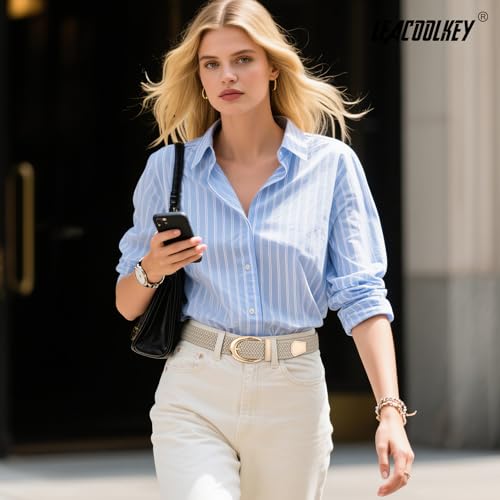 LEACOOLKEY Stretchy Braided Golf Belt for Women Elastic Woven Belts Unisex Elastic Fabric Belt for Jeans Pants - color: Beige/Gold Buckle, size: Fit waist size below 27"