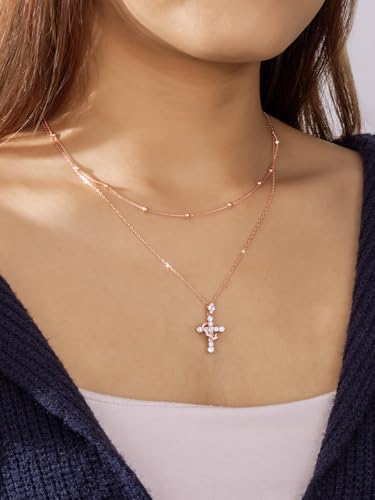 YIMERAIRE Upgraded Moissanite Crown Cross Necklace 14K Gold Vermeil 1.1 Carats Dainty Iced Out Easter Basket Stuffer Cross Jewelry S925 Sterling Silver Simple Gold Christian Faith Moissanite Cross Pendant Necklace For Women - color: Stackable-Rose Gold