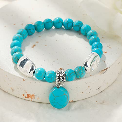 Turquoise Bracelet for Women, 8mm Beaded Stretchable Unisex Bracelet, Boho Turquoise Bead Bracelet Stone Beaded Bracelets Turquoise Jewelry for Women - color: Turquoise Pendant
