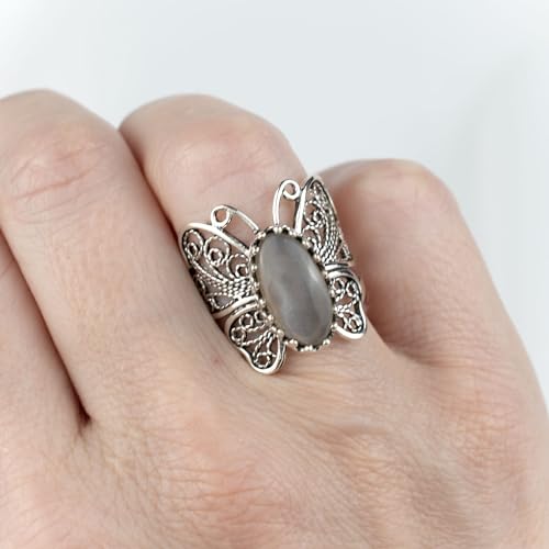 Filigranist Sterling Silver Filigree Art Butterfly Women Cocktail Ring with Gemstones - color: Gray Moonstone